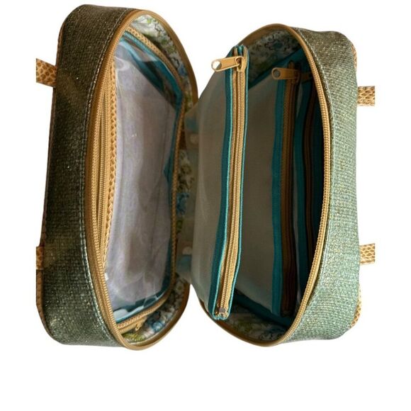 Stephanie Johnson Toiletry Bag Travel Green Gold Metallic Cosmetics NWOT - Picture 2 of 15